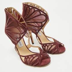 Jimmy Choo Burgundy Mesh and Suede Crystal Embellished Sandals Size 39