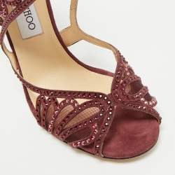 Jimmy Choo Burgundy Mesh and Suede Crystal Embellished Sandals Size 39