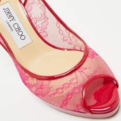 Jimmy Choo Pink/Burgundy Patent and Lace Nova Slingback Sandals Size 36