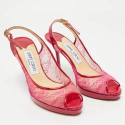 Jimmy Choo Pink/Burgundy Patent and Lace Nova Slingback Sandals Size 36
