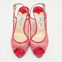 Jimmy Choo Pink/Burgundy Patent and Lace Nova Slingback Sandals Size 36