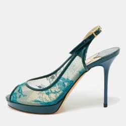 Jimmy Choo Green Lace and Patent Leather Nova Peep-Toe Slingback Sandals Size 36