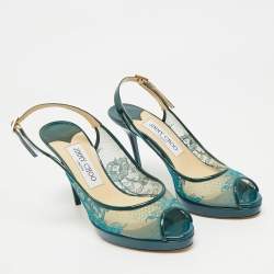 Jimmy Choo Green Lace and Patent Leather Nova Peep-Toe Slingback Sandals Size 36