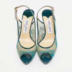 Jimmy Choo Green Lace and Patent Leather Nova Peep-Toe Slingback Sandals Size 36
