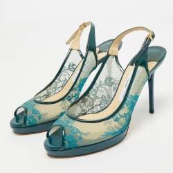 Jimmy Choo Green Lace and Patent Leather Nova Peep-Toe Slingback Sandals Size 36