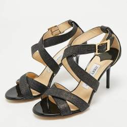 Jimmy Choo Black Canvas and Patent Ivette Strappy Sandals Size 36