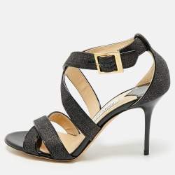 Jimmy Choo Black Canvas and Patent Ivette Strappy Sandals Size 36