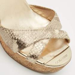 Jimmy Choo Metallic Gold Python Embossed Leather  Prima Cork Platform Wedge Sandals Size 38