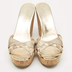 Jimmy Choo Metallic Gold Python Embossed Leather  Prima Cork Platform Wedge Sandals Size 38