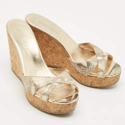 Jimmy Choo Metallic Gold Python Embossed Leather  Prima Cork Platform Wedge Sandals Size 38