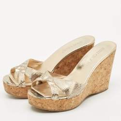 Jimmy Choo Metallic Gold Python Embossed Leather  Prima Cork Platform Wedge Sandals Size 38