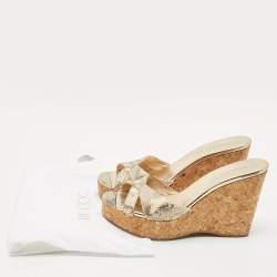 Jimmy Choo Metallic Gold Python Embossed Leather  Prima Cork Platform Wedge Sandals Size 38