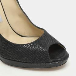 Jimmy Choo Black Glitter Fabric and Leather Luna Platform Pumps Size 39