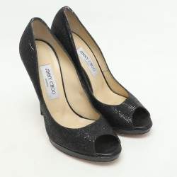 Jimmy Choo Black Glitter Fabric and Leather Luna Platform Pumps Size 39