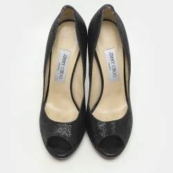 Jimmy Choo Black Glitter Fabric and Leather Luna Platform Pumps Size 39