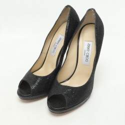Jimmy Choo Black Glitter Fabric and Leather Luna Platform Pumps Size 39