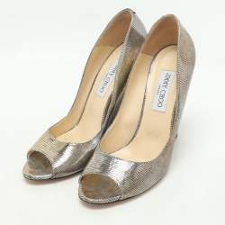 Pre Owned Jimmy Choo Metallic Lizard Embossed Leather Baxen Wedge Pumps Size 39.5