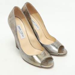 Pre Owned Jimmy Choo Metallic Lizard Embossed Leather Baxen Wedge Pumps Size 39.5