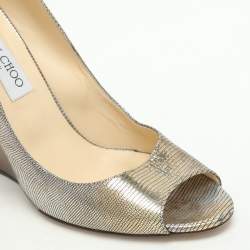 Pre Owned Jimmy Choo Metallic Lizard Embossed Leather Baxen Wedge Pumps Size 39.5