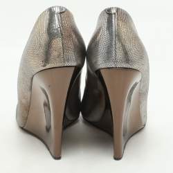 Pre Owned Jimmy Choo Metallic Lizard Embossed Leather Baxen Wedge Pumps Size 39.5