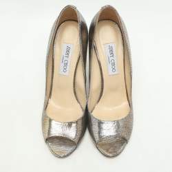Pre Owned Jimmy Choo Metallic Lizard Embossed Leather Baxen Wedge Pumps Size 39.5