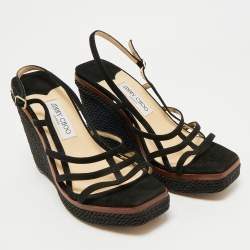 Pre Owned JIMMY Choo Black Suede Caged Strappy Ankle Strap Wedge Sandals Size 41