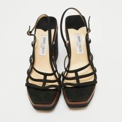 Pre Owned JIMMY Choo Black Suede Caged Strappy Ankle Strap Wedge Sandals Size 41