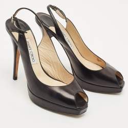 Pre Owned Jimmy Choo Black Patent Leather Vita Peep Toe Platform Slingback Sandals Size 39