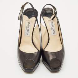 Pre Owned Jimmy Choo Black Patent Leather Vita Peep Toe Platform Slingback Sandals Size 39