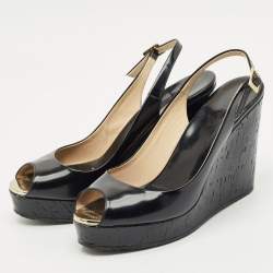 Jimmy Choo Black Patent Platform Wedge Slingback Sandals Size 41