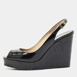 Jimmy Choo Black Patent Platform Wedge Slingback Sandals Size 41