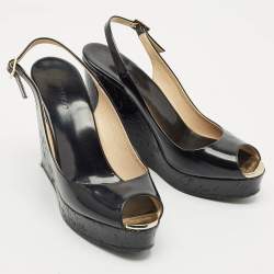 Jimmy Choo Black Patent Platform Wedge Slingback Sandals Size 41