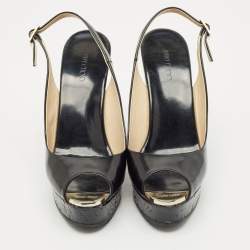 Jimmy Choo Black Patent Platform Wedge Slingback Sandals Size 41