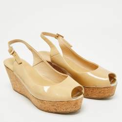 Pre Owned Jimmy Choo Beige Patent Leather Cork Platform Wedge Slingback Pumps Size 39
