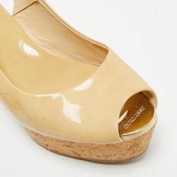 Pre Owned Jimmy Choo Beige Patent Leather Cork Platform Wedge Slingback Pumps Size 39