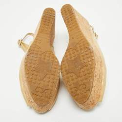 Pre Owned Jimmy Choo Beige Patent Leather Cork Platform Wedge Slingback Pumps Size 39