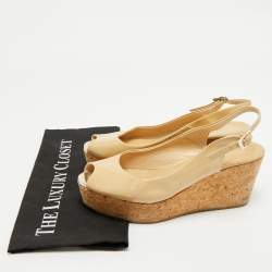 Pre Owned Jimmy Choo Beige Patent Leather Cork Platform Wedge Slingback Pumps Size 39