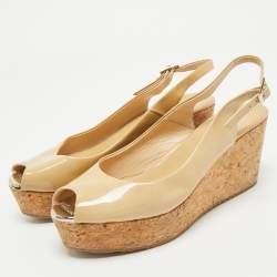 Pre Owned Jimmy Choo Beige Patent Leather Cork Platform Wedge Slingback Pumps Size 39