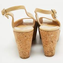 Pre Owned Jimmy Choo Beige Patent Leather Cork Platform Wedge Slingback Pumps Size 39