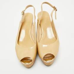 Pre Owned Jimmy Choo Beige Patent Leather Cork Platform Wedge Slingback Pumps Size 39