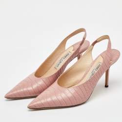 Pre Owned Jimmy Choo Light Pink Croc Embossed Leather Pointed Toe Slingback Pumps Size 39.5