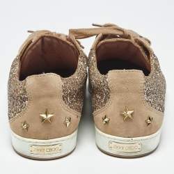 Pre Owned Jimmy Choo Metallic Beige Glitter and Suede Low Top Sneakers Size 39.5