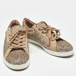 Pre Owned Jimmy Choo Metallic Beige Glitter and Suede Low Top Sneakers Size 39.5