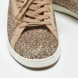 Pre Owned Jimmy Choo Metallic Beige Glitter and Suede Low Top Sneakers Size 39.5