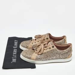 Pre Owned Jimmy Choo Metallic Beige Glitter and Suede Low Top Sneakers Size 39.5