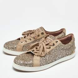 Pre Owned Jimmy Choo Metallic Beige Glitter and Suede Low Top Sneakers Size 39.5