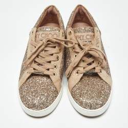 Pre Owned Jimmy Choo Metallic Beige Glitter and Suede Low Top Sneakers Size 39.5