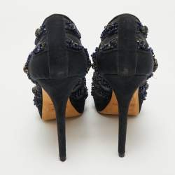 Pre Owned Jimmy Choo Navy Blue Crystal Embellished Suede and Mesh Kershaw Platform Pumps Size 41