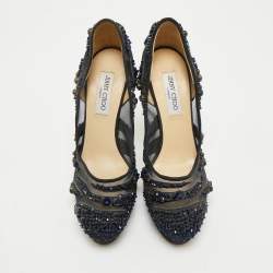 Pre Owned Jimmy Choo Navy Blue Crystal Embellished Suede and Mesh Kershaw Platform Pumps Size 41