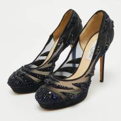 Pre Owned Jimmy Choo Navy Blue Crystal Embellished Suede and Mesh Kershaw Platform Pumps Size 41